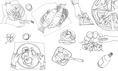 Festive tableful, laid table, holidays hand drawn contour illustration, top view