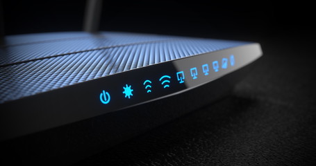 Wi-Fi wireless internet router on dark background - obrazy, fototapety, plakaty