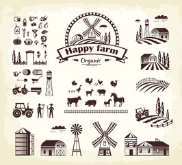Set of Happy Farm Organic Production Cartoon Style