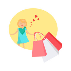 Happy Young Girl with Bags Isolated Illustration