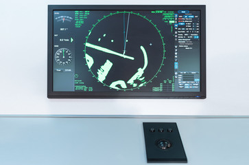 Radar panel on a boat. Maritime navigation board on a commercial shipping vessel.