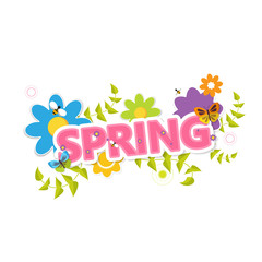 Fototapeta na wymiar Spring Vector Design. Spring Letterin with flowers and green bush.