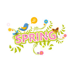 Spring Vector Design. Spring Letterin with flowers and green bush.