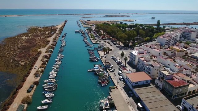 Aerial. View from sky of village of Fuseta on Ria Formosa.