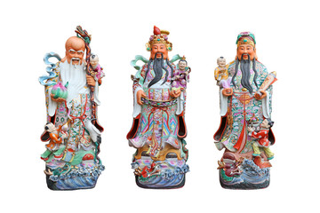 Three gods of Chinese people isolated on white background, Hock Lok Siew or Fu Lu Shou - obrazy, fototapety, plakaty