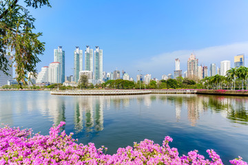 Cityscape of Benchakitti park , green lung of Bangkok ,Thailand
