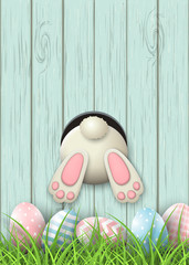 Easter motive, bunny bottom and easter eggs in fresh grass on blue wooden background, illustration