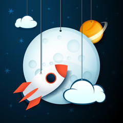 vector illustration banner of hanging  moon, rocket, planet and clouds