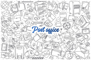 Hand drawn Post office doodle set background with blue lettering in vector