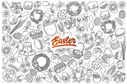 Hand drawn Easter doodle set background with red lettering in vector