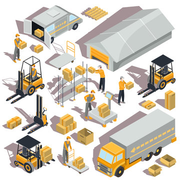 Set of vector logistic and delivery isometric icons with warehouse building, shelves, boxes, forklifts, trucks and workers are there