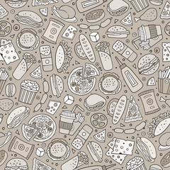 Cartoon cute hand drawn Fast food seamless pattern.