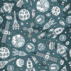 Cartoon hand-drawn space, planets seamless pattern
