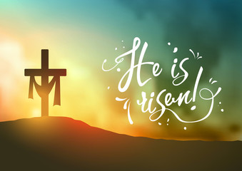 Christian easter scene, Saviour's cross on dramatic sunrise scene, with text He is risen, illustration
