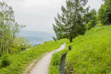 Fototapeta premium Marling, Dorf, Marlinger Waalweg, Waalweg, Wanderweg, Spazierweg, Meran, Algund, Frühling, Frühlingsferien, Vinschgau, Südtirol, Italien