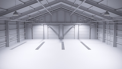 Fully white empty warehouse with concrete floor. 3d rendering