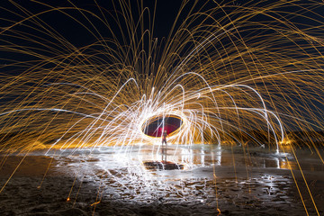 Steel Wool and Magnesium spinning in ocean water on beach