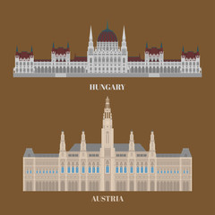 Hungary and Austria travel icons. Country sightseeing symbols, European landmarks. Flat architecture of Budapest and Vienna