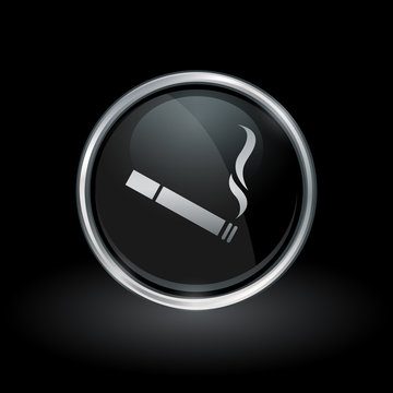 Smoking tobacco symbol with cigarette icon inside round chrome silver and black button emblem on black background. Vector illustration.