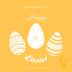 Vector poster of Easter eggs with different pattern, text on the yellow background.