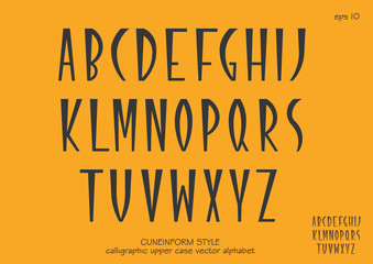 Vector alphabet set. Capital letters in cuneiform style. Black letters on yellow background.