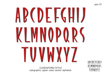 Vector alphabet set. Capital letters in cuneiform style. Red letters on white background.