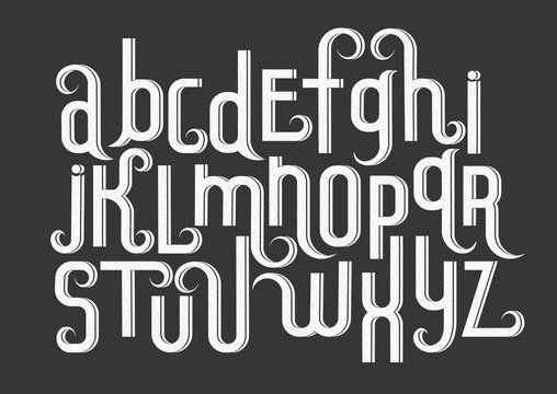 Vector alphabet set. Lowercase 3d letters with decorative flourishes and fine texture in the Art Nouveau style. White letters on black background.
