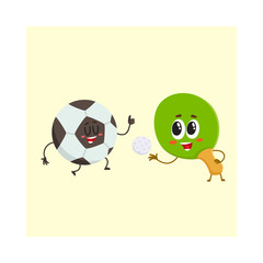 Funny ping pong, table tennis racket and football ball characters with human faces, sport games, cartoon vector illustration isolated on white background. Ping pong racket and football ball characters