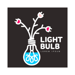 Light bulb logo template with three flowers formed by powers cables and electric plugs, vector illustration isolated on black background. Light bulb logotype, logo design with power cables as flowers