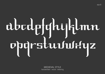 Vector alphabet set. Lowercase letters in Gothic medieval style, simplified version. White letters on black background.