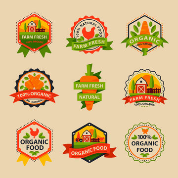 Flat style of bio organic eco healthy food label logo template and vintage vegan farm element in orange green color badge vector illustration.