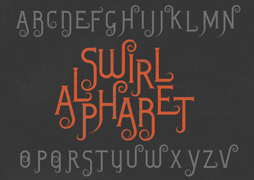 Vector alphabet set. Capital grunge letters with decorative flourishes in the Art Nouveau style. Red and gray font on black background.