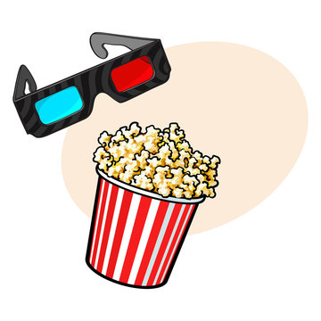 Cinema objects - popcorn and 3d, stereoscopic glasses, sketch style vector illustration with place for text. Cinema, movie attributes like popcorn in red and white bucket and 3d glasses