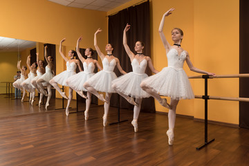 Fototapeta premium Ballerinas in classical tutu and pointe shoes dancing in the class near handrail