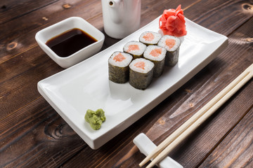 Maki rolls with smoked salmon with wasabi on back front