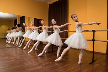 Beautiful ballerinas in white costume and pointe shoes posing in class with handrail and mirror