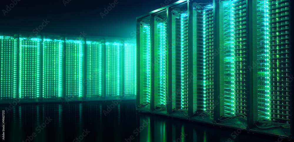 Poster server room in data center or server room data center. hosting services. 3d rendering