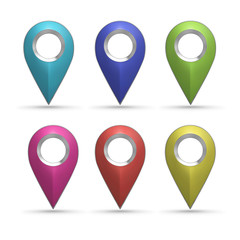 Set of bright map pointers. Colorful navigation map pins set with Long Shadow. 3d Rendering