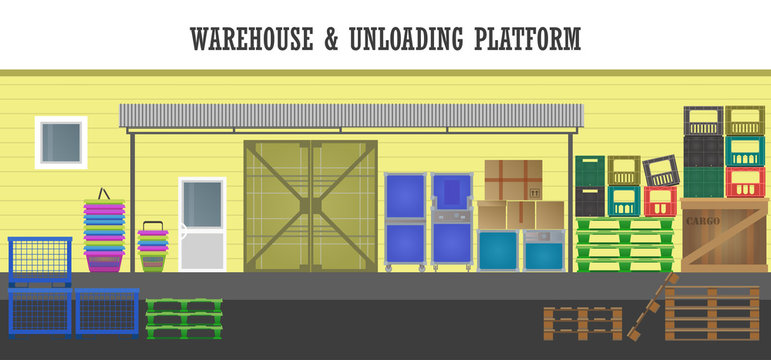Front facade of the store unloading platform. Boxes, plastic containers, pallets, baskets under a canopy. Vector flat  illustration.