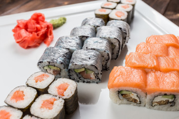 Japanese Sushi Set - Various Maki Sushi Roll and Nigiri Sushi Served on Banana Leaf