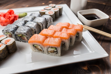 Japanese Sushi Set - Various Maki Sushi Roll and Nigiri Sushi Served on Banana Leaf