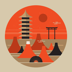 Fototapety  Japoński krajobraz Plakat podróżny Piękna pagoda Brama Torri Góra Fuji