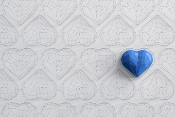 Unique blue heart on white background among the many empty wireframe hearts. Abstract polygonal heart with shadow. Love symbol. Low-poly colorful style.  3d rendering
