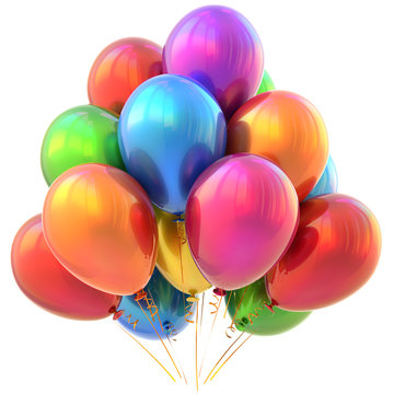 Party balloons happy birthday carnival decoration glossy colorful multicolored. Holiday anniversary celebrate new year's eve christmas greeting card design element. 3D illustration isolated