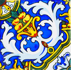 Fototapeta na wymiar Detail of the traditional tiles from facade of old house. Spain. Valencia. Floral ornament. Majolica,