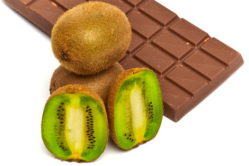 Chocolate squares with fresh kiwi, isolated on white
