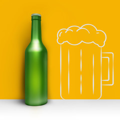 Bottle of beer in corner on wall with hand drawn painted glass. Creative illustration. Front view. 3D render.