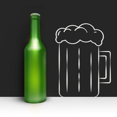 Bottle of beer in corner on wall with hand drawn painted glass. Creative illustration. Front view. 3D render.