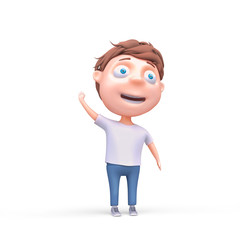 Cartoon smile little boy waving hand. Isolate cute character on white background. 3d render.