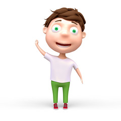 Cartoon smile little boy waving hand. Isolate cute character on white background. 3d render.